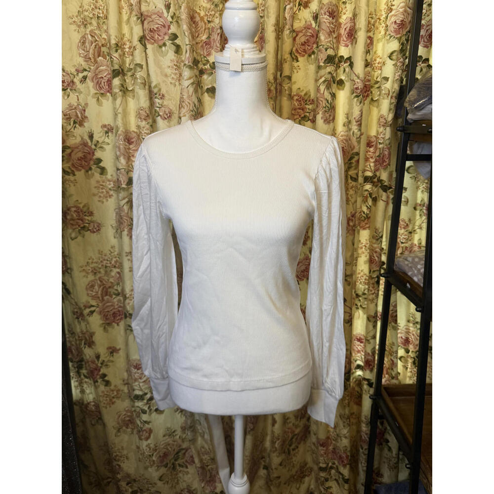 NWT! Madewell White Ribbed Long Sleeve Top with Puff Sleeves Size Small